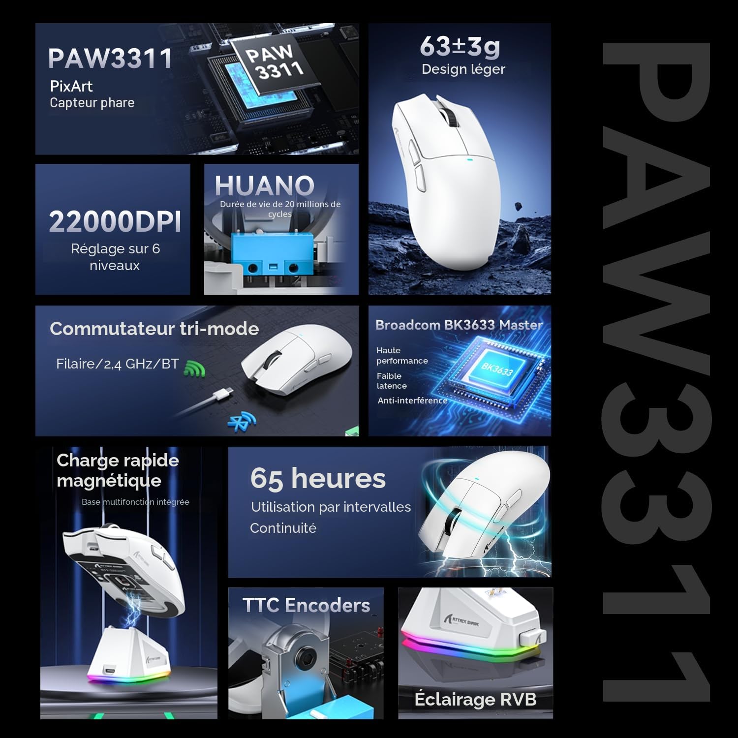ATTACK SHARK X11 Souris de Jeu avec Station de Chargement magnétique, capteur de Jeu PixArt PAW3311, Souris de Jeu sans Fil/Filaire BT/2,4 G, 22 000 DPI, Souris de Bureau pour Win11/Xbox/PS/Mac Blanc