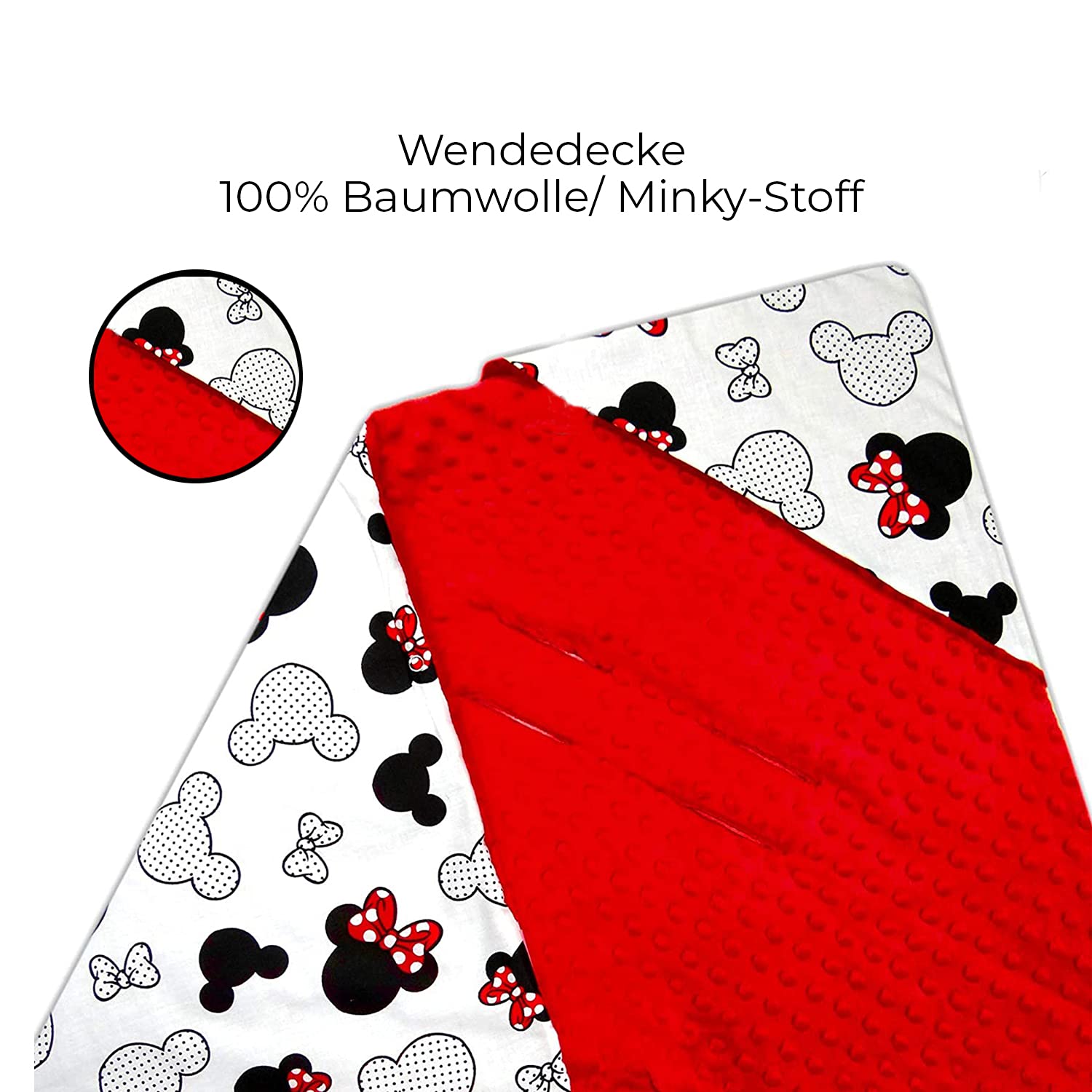 Welt der Träume Couverture double face pour coque bébé, siège auto, poussette, 90 x 90 cm, universelle (par exemple Maxi-Cosi/Cybex/Römer) (couverture auto – Miki blanc/minky rouge)