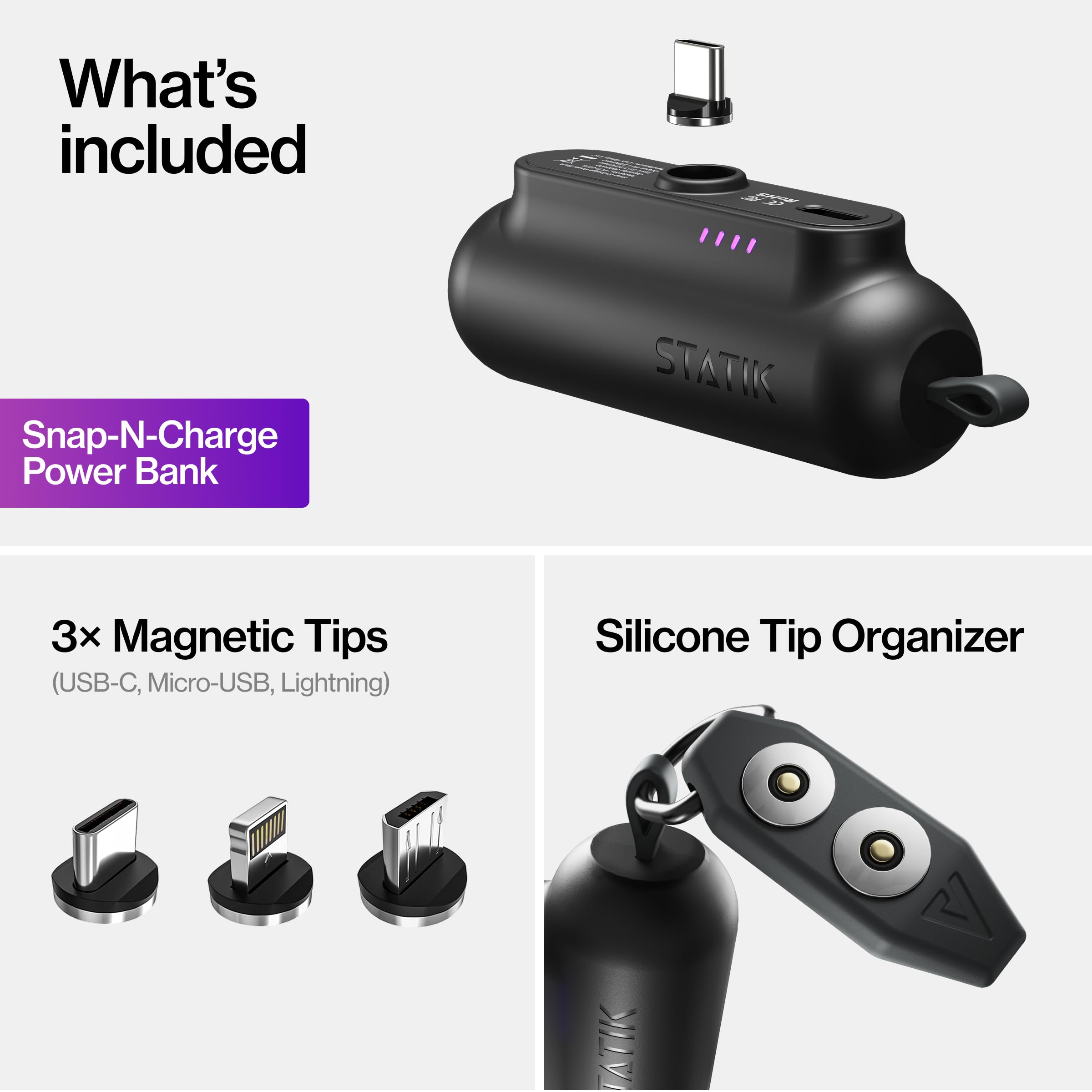 Statik Snap-N-Charge Mini Powerbank Cargador Portátil para Todos los Dispositivos Adaptador Magnético 3 en 1 (USB-C, Micro USB, iProduct) Compacto 3200mAh 10W Negro Paquete de 5
