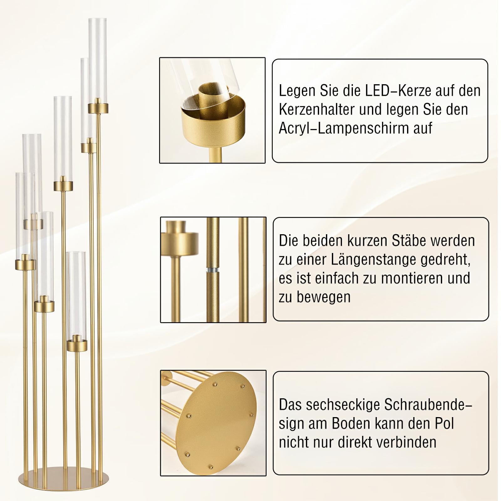 7 Armig Kerzenständer mit Acryl Lampenschirm, Mattgold 123cm Höhe