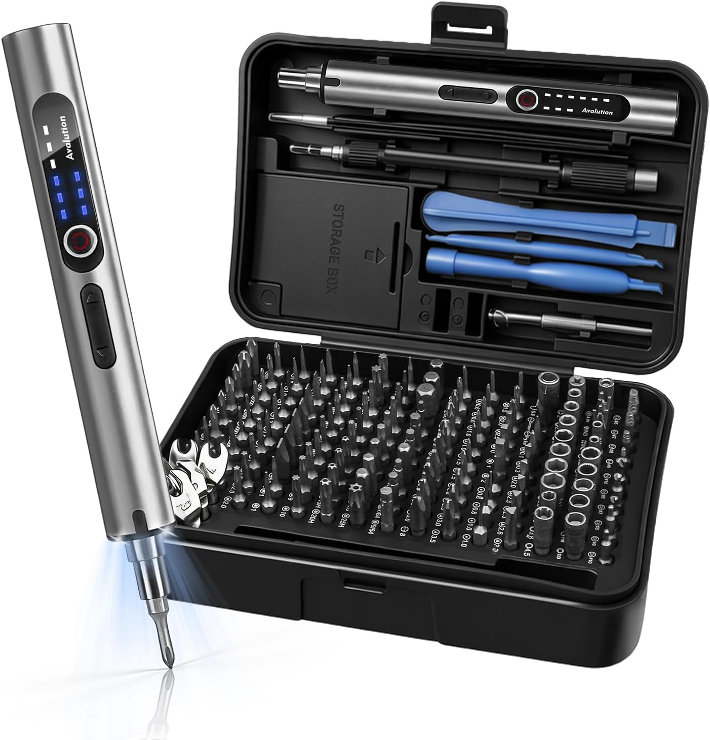 Avalution Mini Electric Screwdriver,170 in 1 Precision Screwdriver Set-154 S2 Magnetic Bits,3 Torque Settings,LED Lights,Rechargeable Cordless Power Screwdrivers Kit for Electronics,Home Repair-Silver
