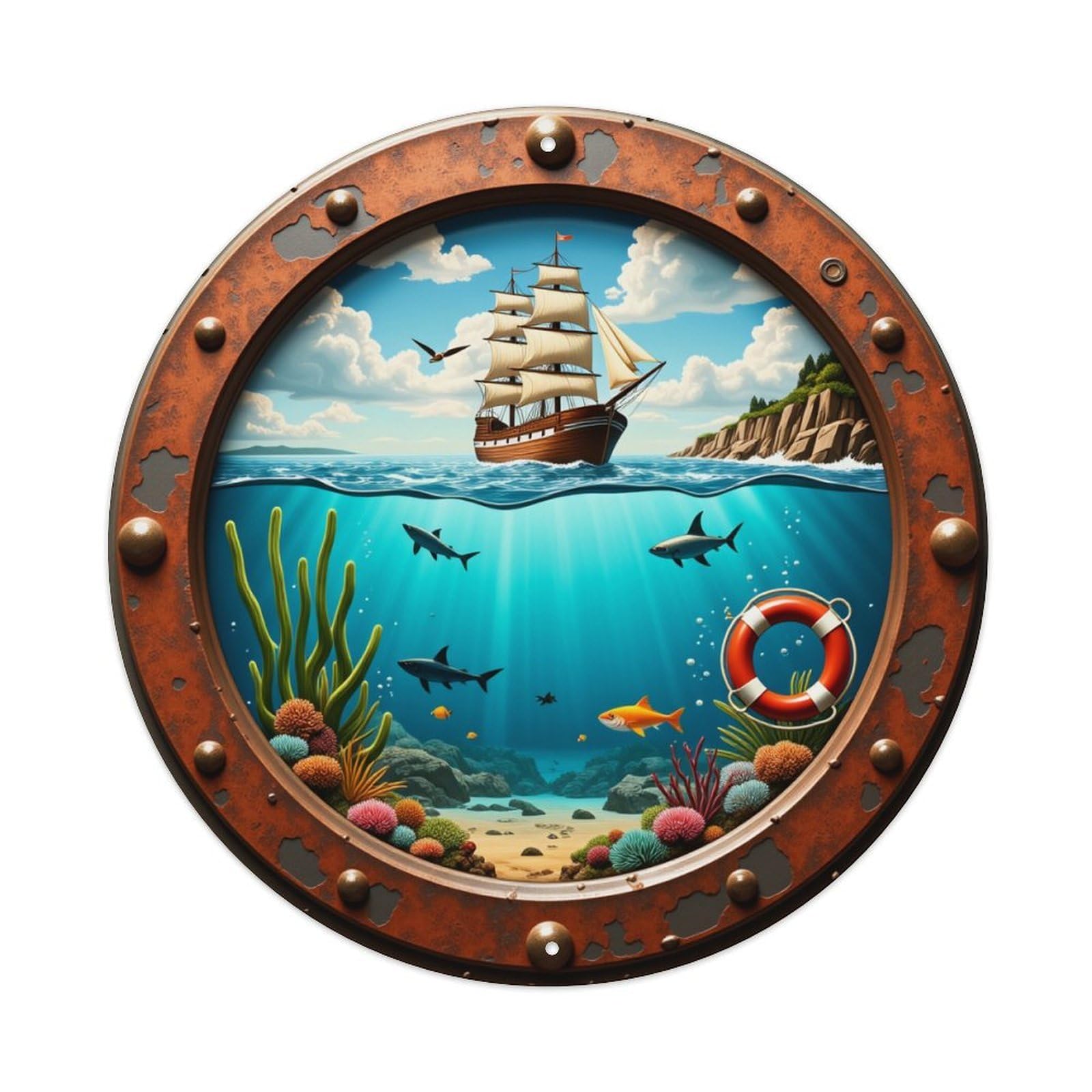 Ship Ocean Coral Fish Life Vintage Round Tin Sign Retro Metal Wall Decor Metal Poster, Home Bar Garage Cafe Wall Art Decoration 8x8Inches
