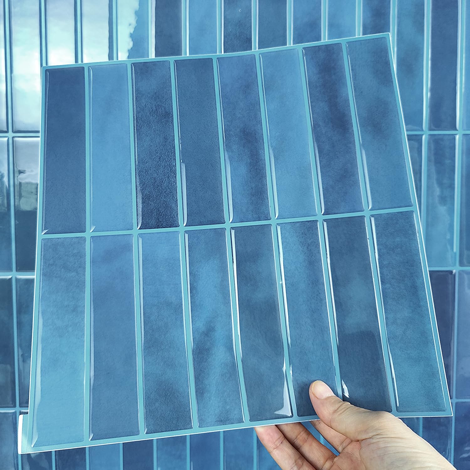 Alwayspon 10 láminas de vinilo 3D de 10 x 10 pulgadas, color azul oscuro, autoadhesivas, impermeables, para azulejos de cocina, baño, pared