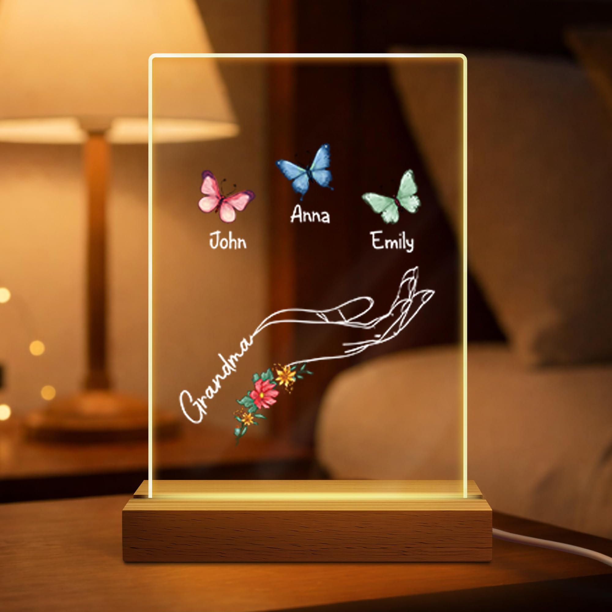 Personal Chic Custom Name Night Light -Acrylic Lamp with Butterfly, Personalised Mothers Day Gifts, Unique Personalised Gifts for Mum and Grandma (3 Kids)