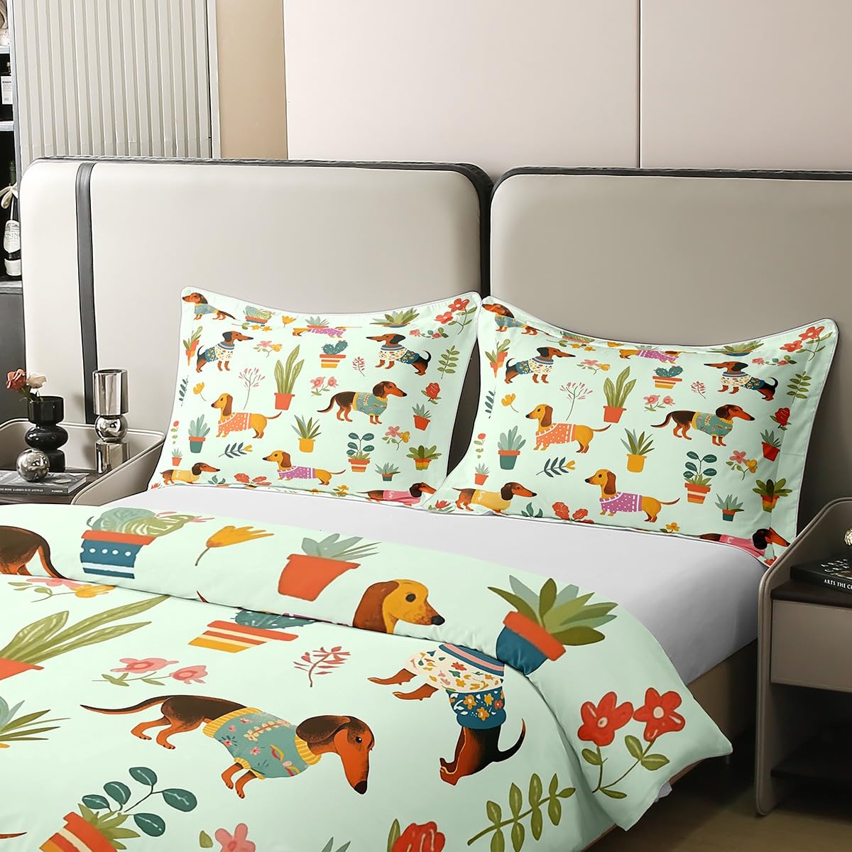 100% Baumwolle Dachshund Bettbezug 135x200,Grüne Wurst Hund Tröster Abdeckung, Lebendige Blumen Blumen Bettwäsche Set, Cartoon Welpe Haustier Bettbezug für Schlafzimmer Dekor, Weiche Atmungsaktive