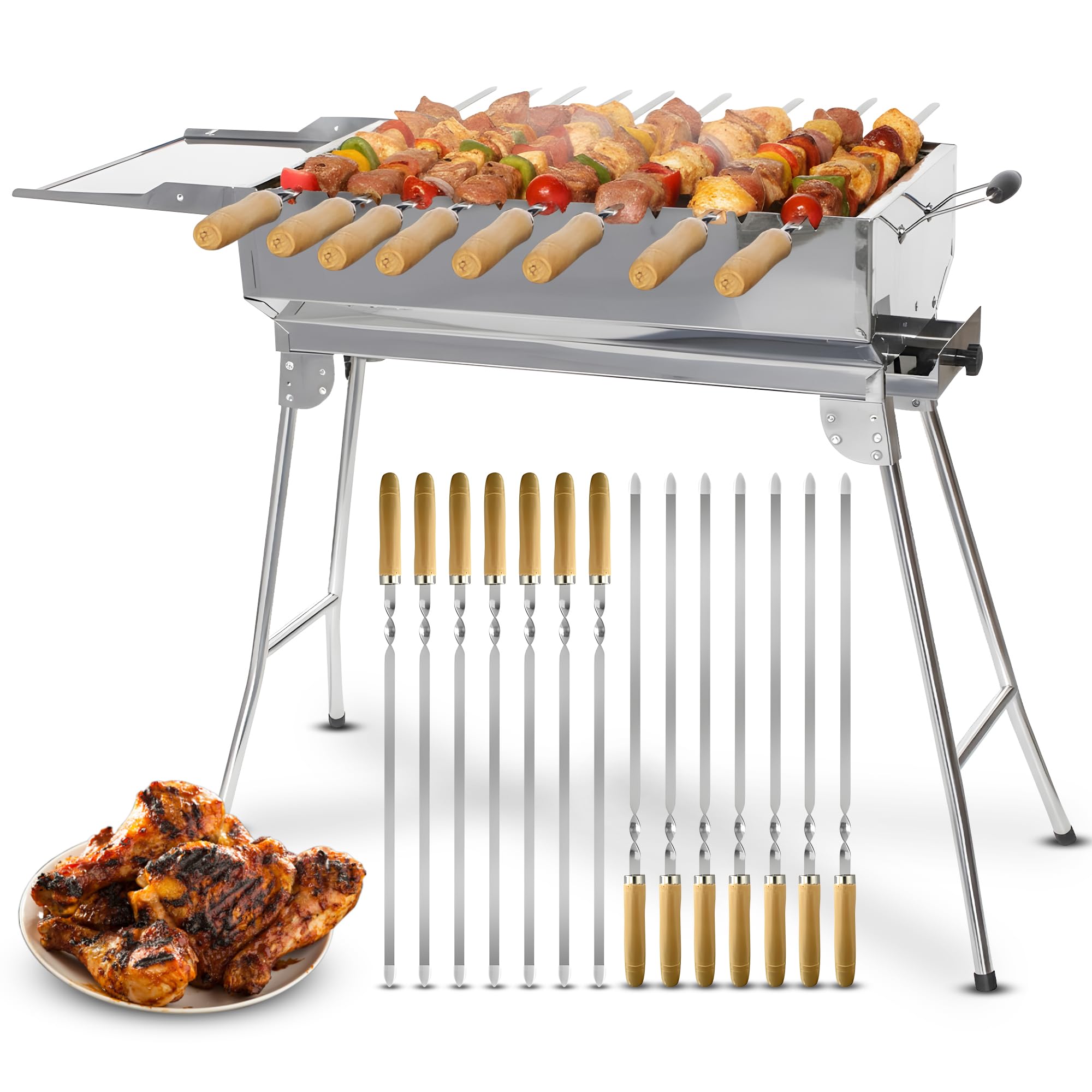 Mangal Holzkohlengrill Edelstahl – Tragbarer Klappgrill mit 14 Spießen, Grillrost, Ascheschublade & Ablagefläche | BBQ Grill für Garten, Terrasse & Camping