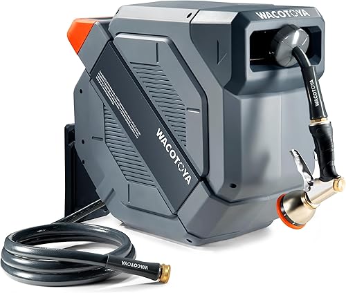 Carrete de manguera de jardín retráctil de 12 pulgada x 100 pies, soporte de metal profesional y boquilla de metal de 9 patrones, resistente a los