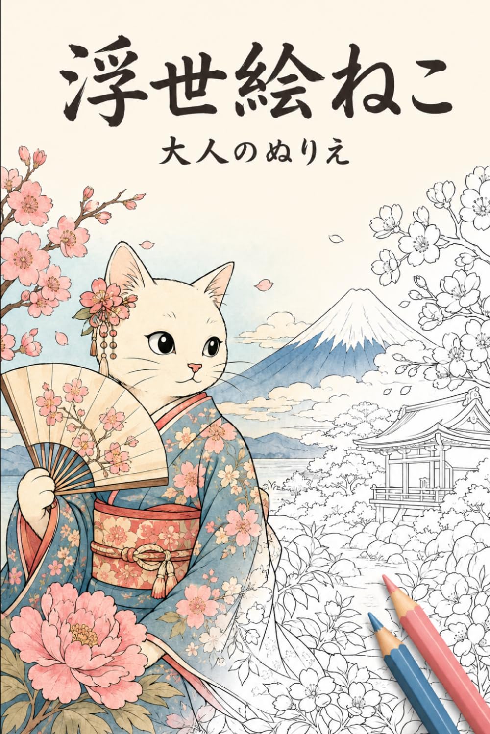 浮世絵ねこ: 着物の猫と桜と富士山 大人のぬりえ