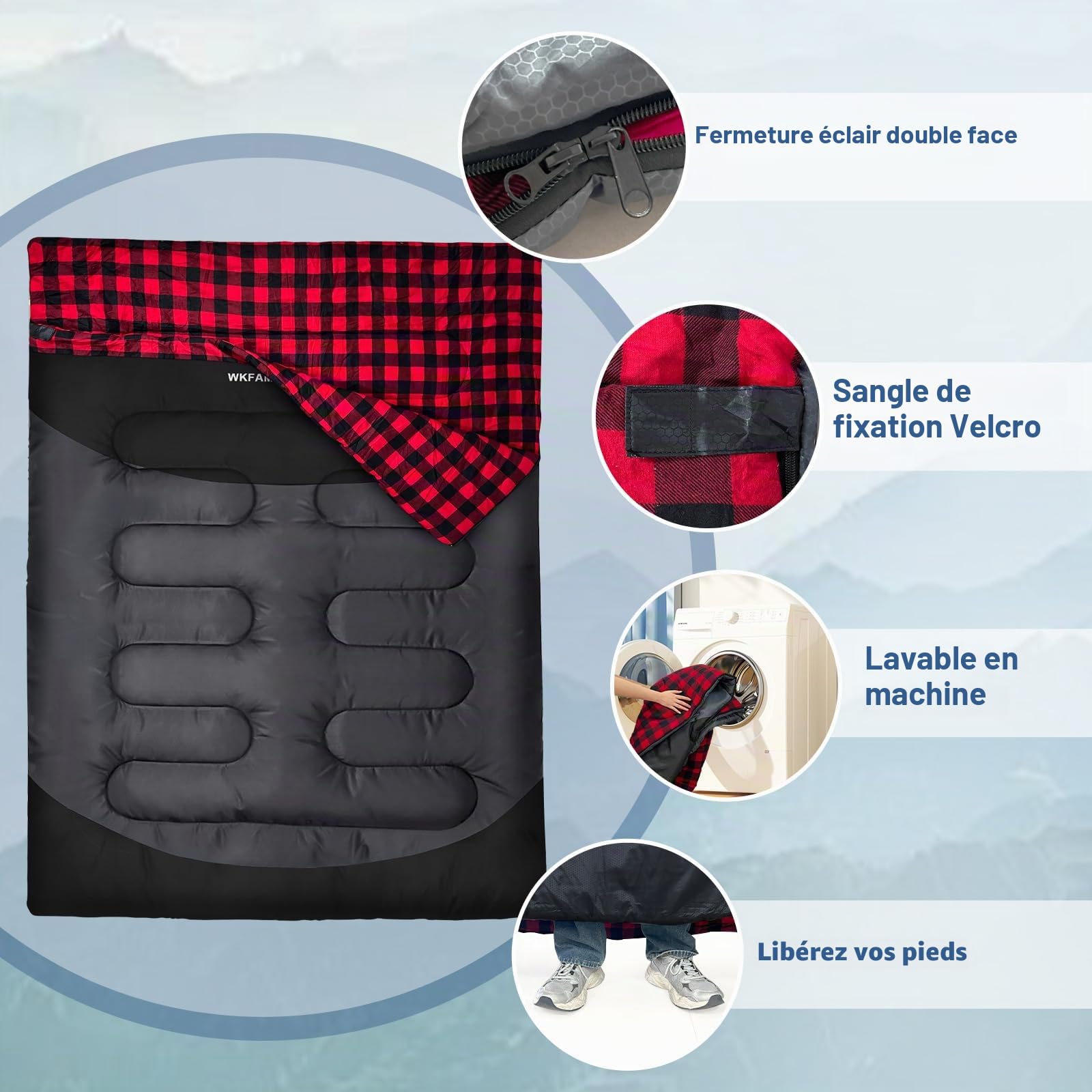 Sac de Couchage Double en Flanelle pour Adultes XXL Sac de Couchage 2 Personnes Confortable pour Camping Tentes Camion Randonnée Extérieur Intérieur 220x150CM