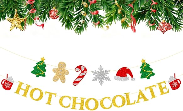 jijAcraft Christmas Hot Chocolate Banner Pre-Strung Glitter Gold Christmas Garland, Hot Chocolate Bar Supplies, Banner Set with Cocoa Cups, Trees, Gingerbread, Snowflakes - Holiday&Winter Party Decorations