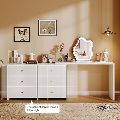 Miniatura 8 de Moderna mesa de tocador de maquillaje de esquina con espejo LED y 6 cajones espaciosos, tocador retráctil para armario, escritorio de escritura,