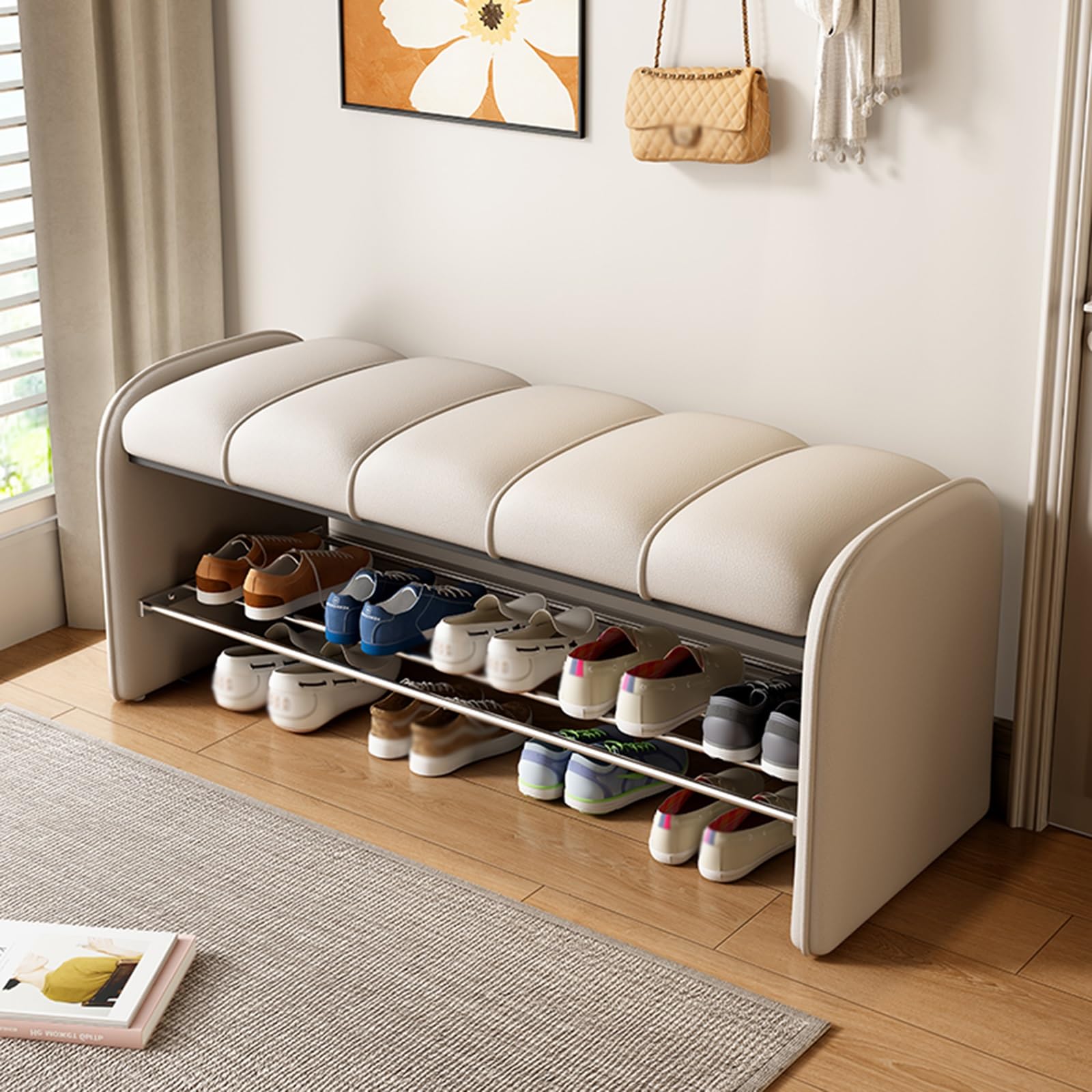 MSHGSKU Modern 2 Tier Shoe Bench with Cushion Stylish Leather Storage Seat Comfortable Footrest for Entryway Bedroom Living Room Hallway (White 100x37x45cm)