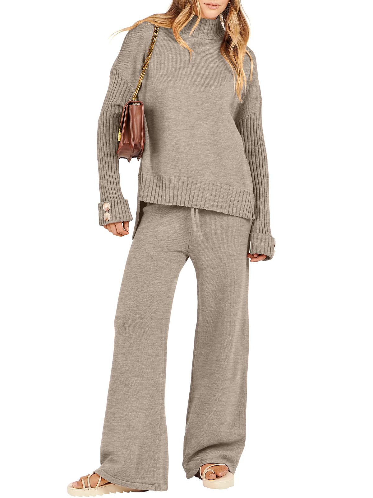 Caracilia Womens 2 Piece Sweater Set Knit Pullover Wide Leg Pants Lounge Matching Sets 2024 Fall Fashion Travel