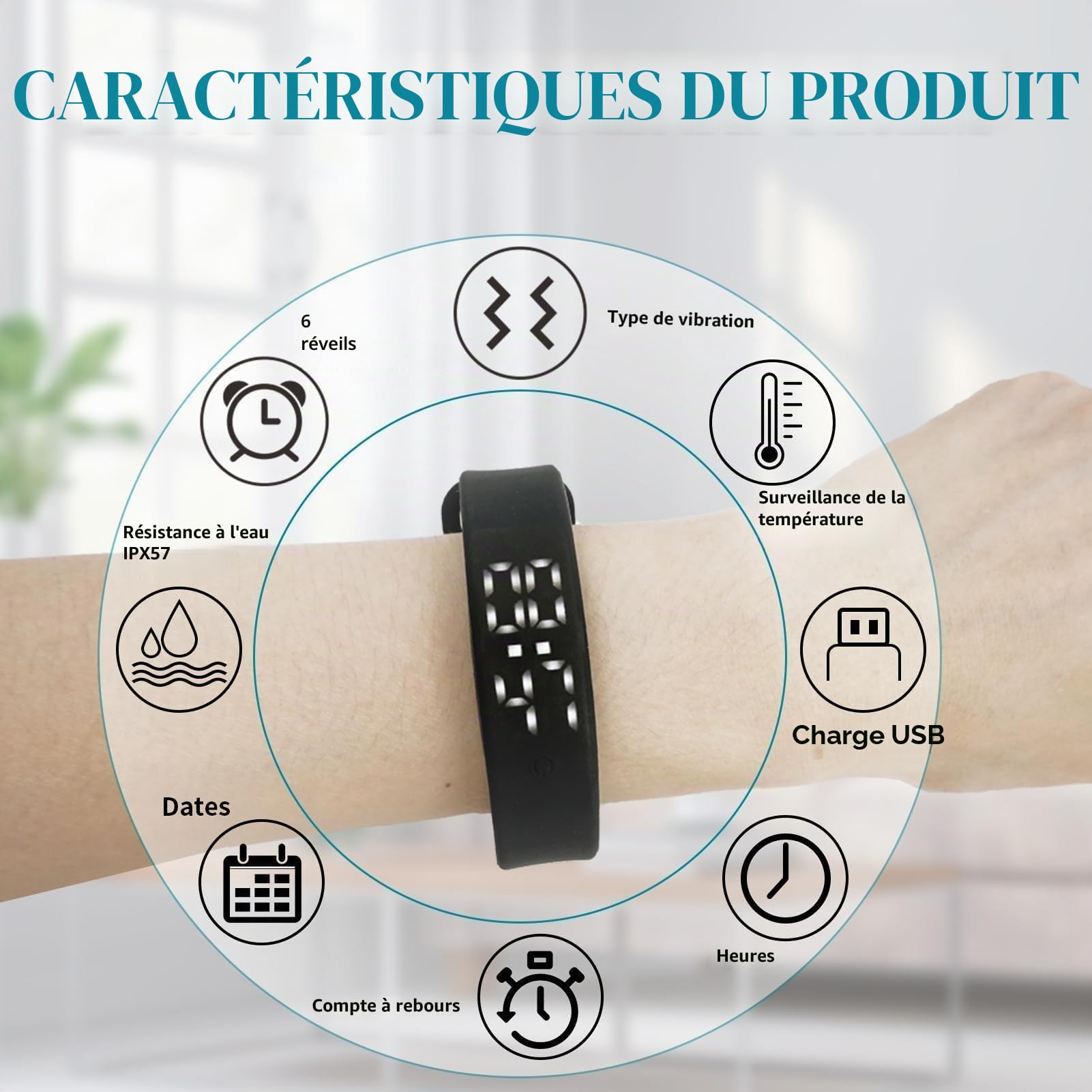 Bracelet avec réveil vibrant silencieux pour partenaire/naissances/enfants, 6 rappels, pilule réveil montre-bracelet 3 mesures température