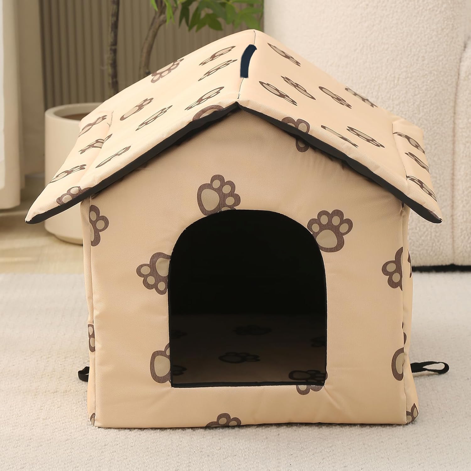 Casetta per Gatti da Esterno Impermeabile, Cuccia Gatto Inverno con Tenda Trasparente Rimovibile (Beige, S)