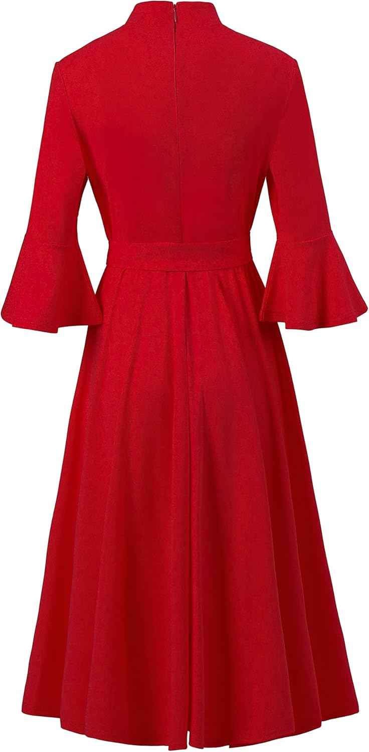 Women's Bell Sleeve Church Dress Clergy Midi Dress Tab Insert Collar Priestess Dress - Image 4