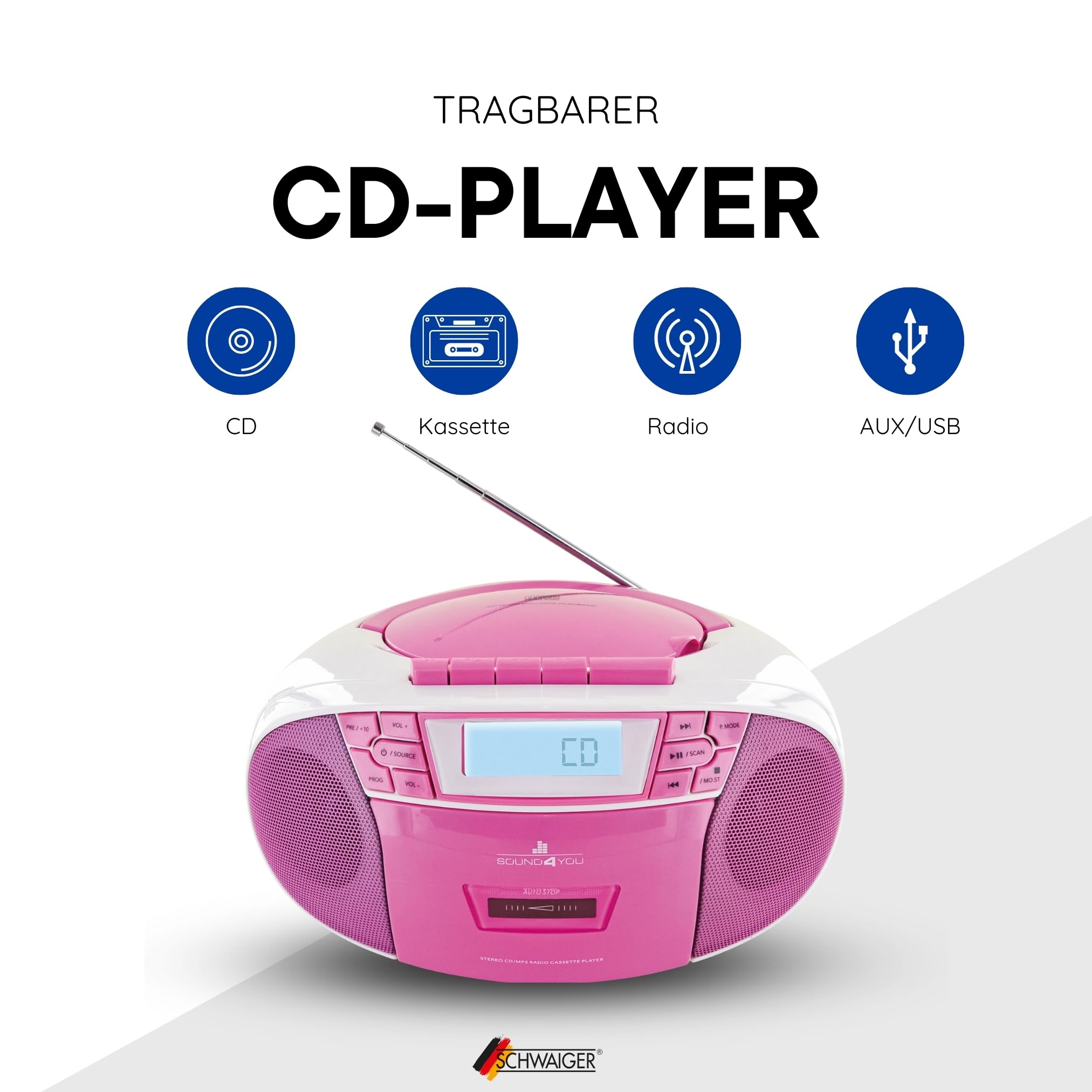 SCHWAIGER 661668- Tragbarer CD-Player mit Kassette und Radio MP3 USB Anschluss UKW FM Radio AUX Kopfhörer Boombox Stereo für zuhause und unterwegs Netz- und Batteriebetrieb Display
