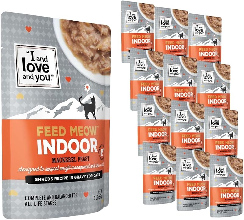 Ração úmida para gatos adultos Feed Meow Indoor com cavala, sem grãos, desfiada I AND LOVE AND YOU – Pacote com 12 sachês de 85 g