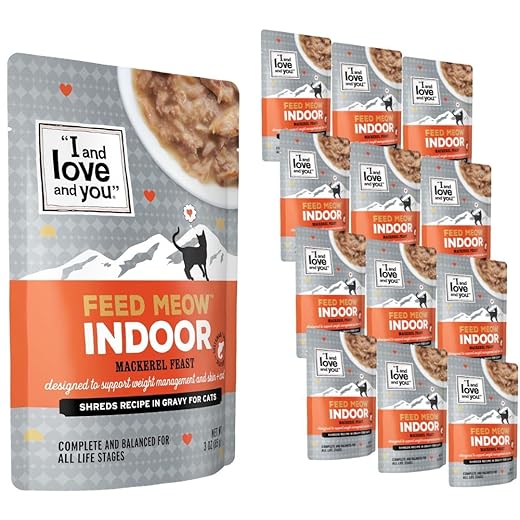 I and Love and You Feed Meow Indoor Wet Cat Food - Mackerel - Packed with Protein and Fiber, Grain Free, Shredded, 3oz Pack of 12