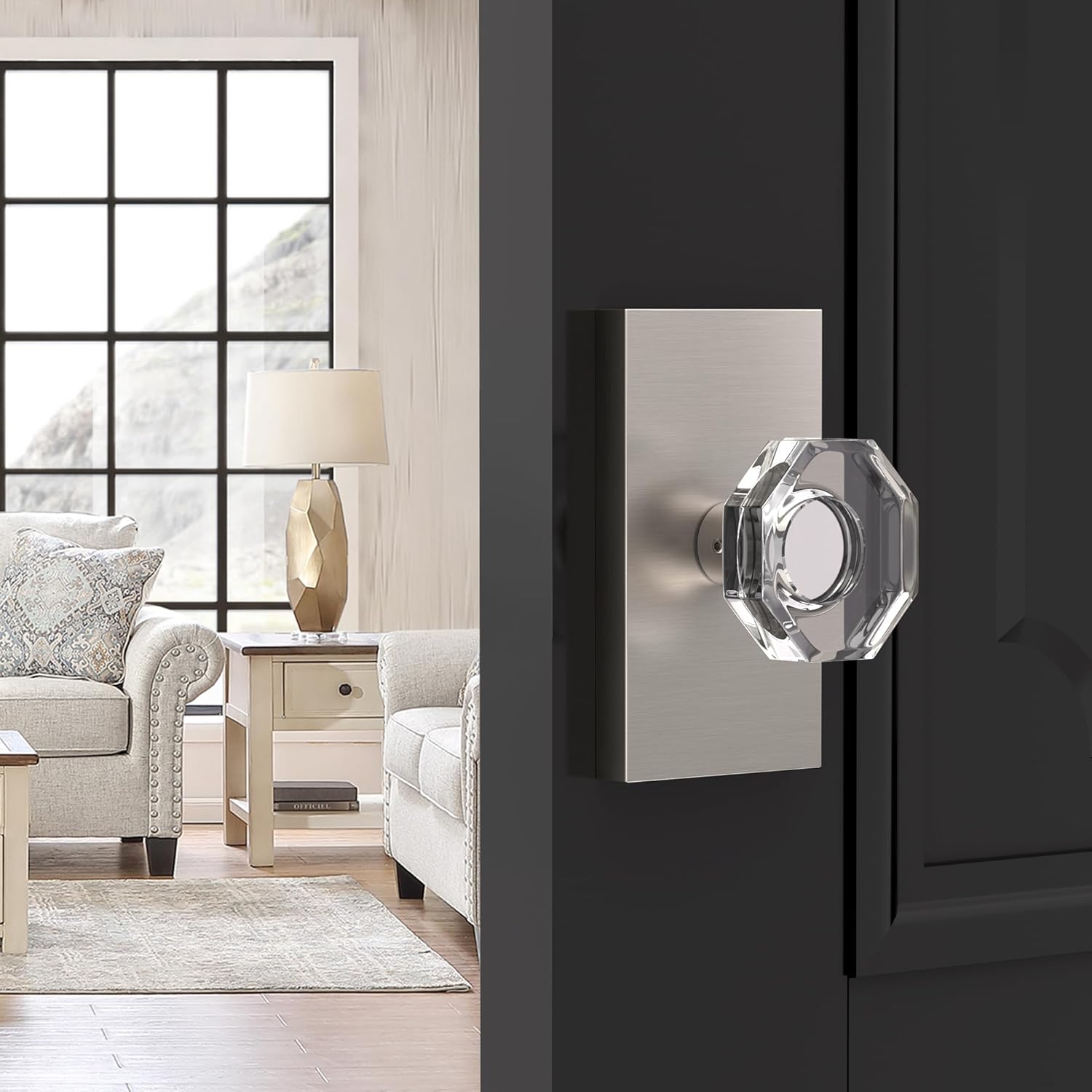 Crystal Dummy Door Knob Interior Satin Nickel Inactive Crystal Half-Dummy Door Knobs for Hall/Closet,2 Pack