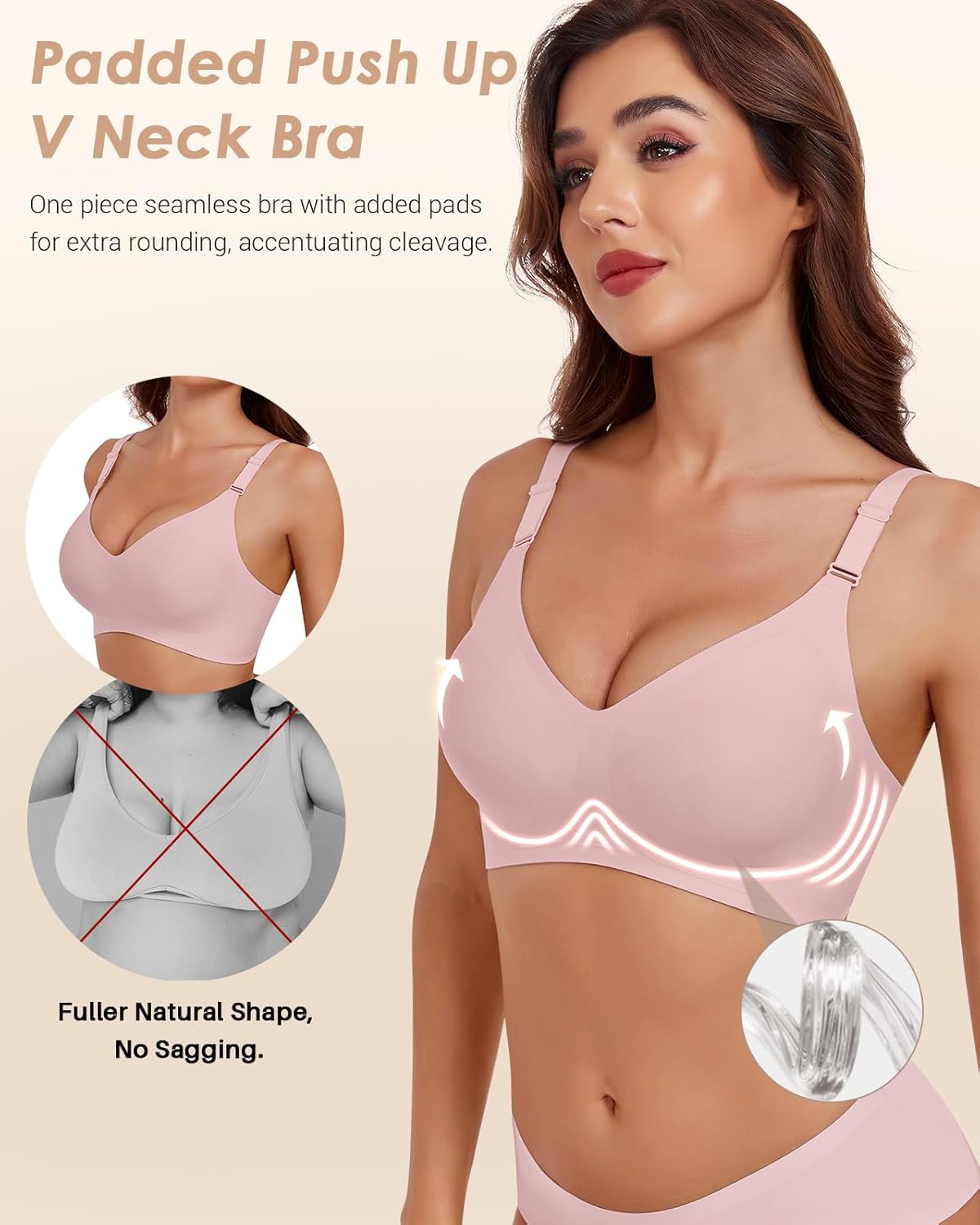 Comfortable Wirelss Seamless Push Up Padded V Neck Bra No Underwire with Support Full Coverage Back Fat Smoothing Bra Pink - Image 3
