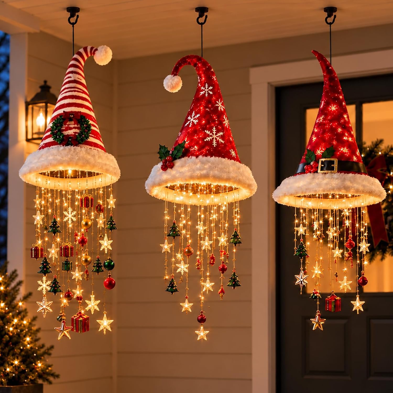 Lighted Santa Hat Chandelier Hanging Glowing Plush Lamp Warm Lights，Mix C