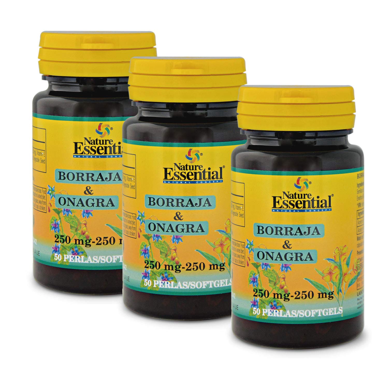 Nature Essential | Borraja y Onagra 500 mg | Ayuda a Reducir el Colesterol y Mejora tu Piel | Alivia la Tos | Es Rico en Flavonoides, Ácidos Grasos y GLA | 50 Perlas (Pack 3 unidades)