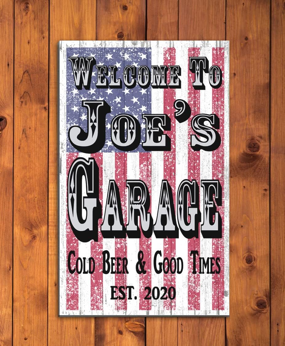 Custom Garage Sign American Flag Man Cave Decoration Personalized Gift for Dad, Husband, or Friend (Garage)