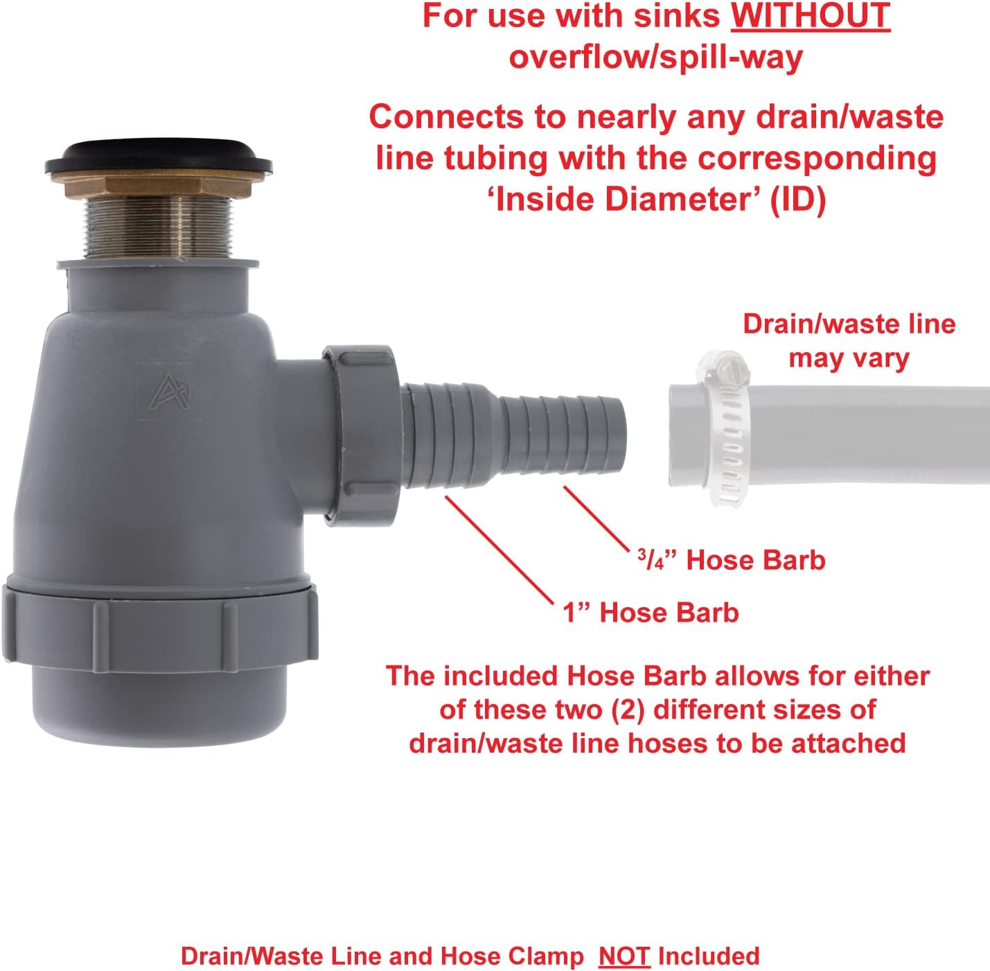 Ambassador Marine - 1-1/2 inch Drain, Flip Trap Sink Drain - no Overflow, 3/4 inch & 1 inch Hose Barb - Chrome - S01-0308-CP-W
