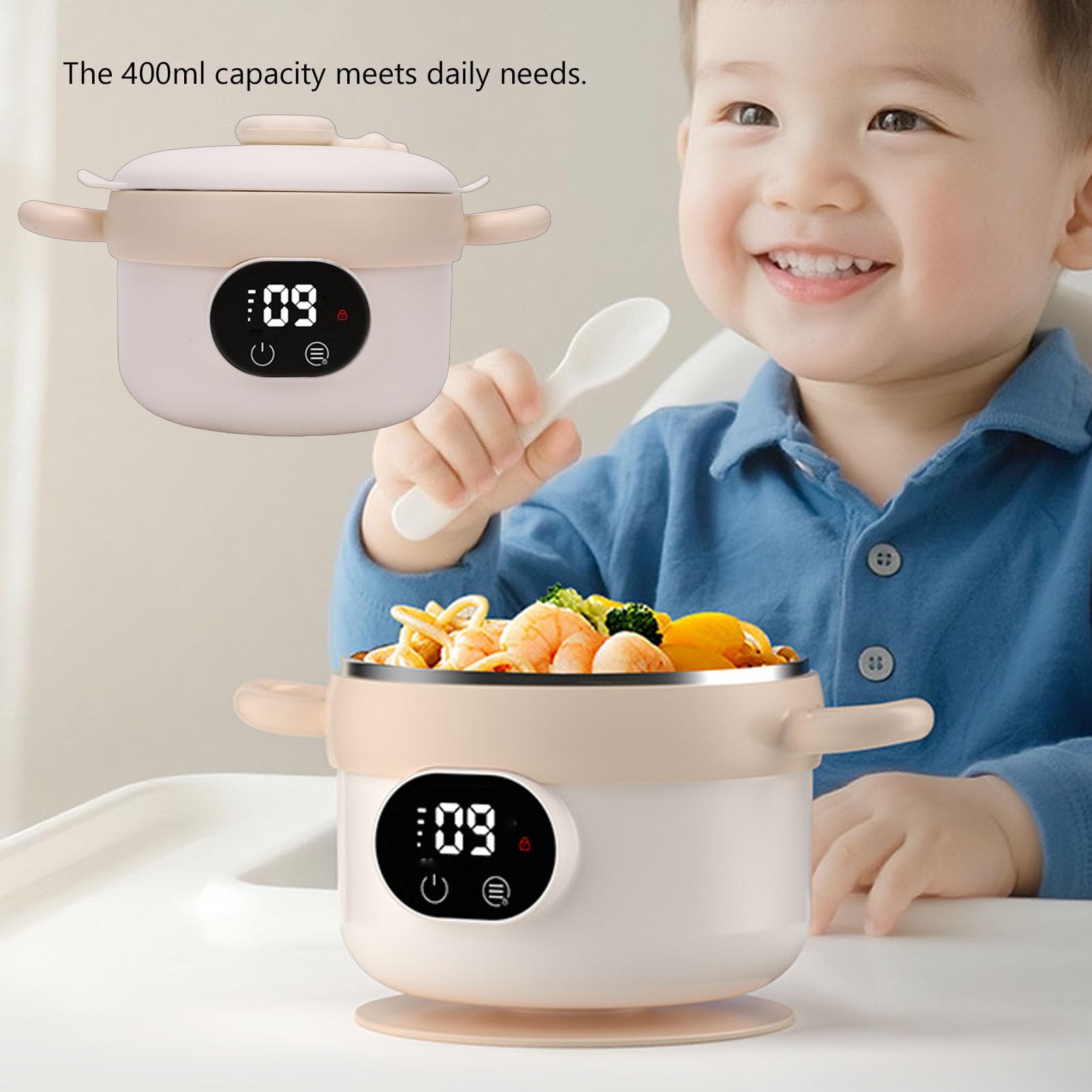Bewinner Ciotola per Alimenti per Bambini a Temperatura Costante Riscaldamento Portatile Intelligente per Pasti per Bambini 185x125x105mm 1 unità (albicocca al latte)