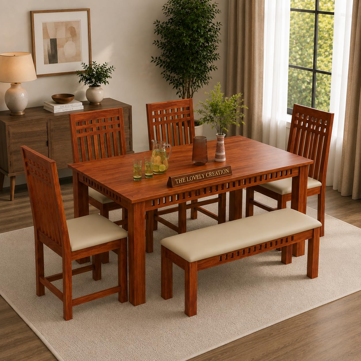 The Lovely Creation Solid Sheesham Wood 6 Seater Dining Table with Bench for Living Room Home | Wooden Dining Table Set for Office Restaurant Modern Dining Room Set (Honey 6s kuber, 6 Seater)
