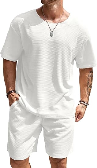 Vssjavun Mens Short Sets 2 Pieces Outfits Waffle Knit Lounge Set Short Sleeve Summer Casual Tracksuit