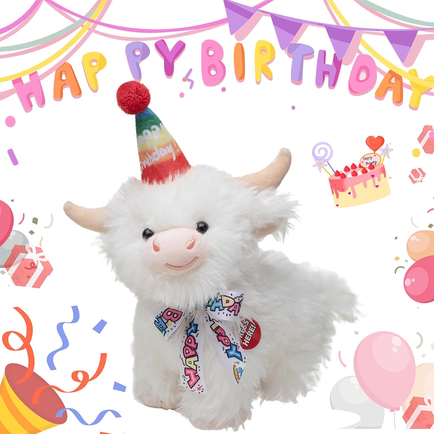 Funny Dancing Singing Highland Cow Stuffed Animals, Sing Birthday Songs Interactive Music Animated Highland Cattle Plush Toys Birthday Gifts for Boy Girls Chrismas Easter Party Decorations (White)