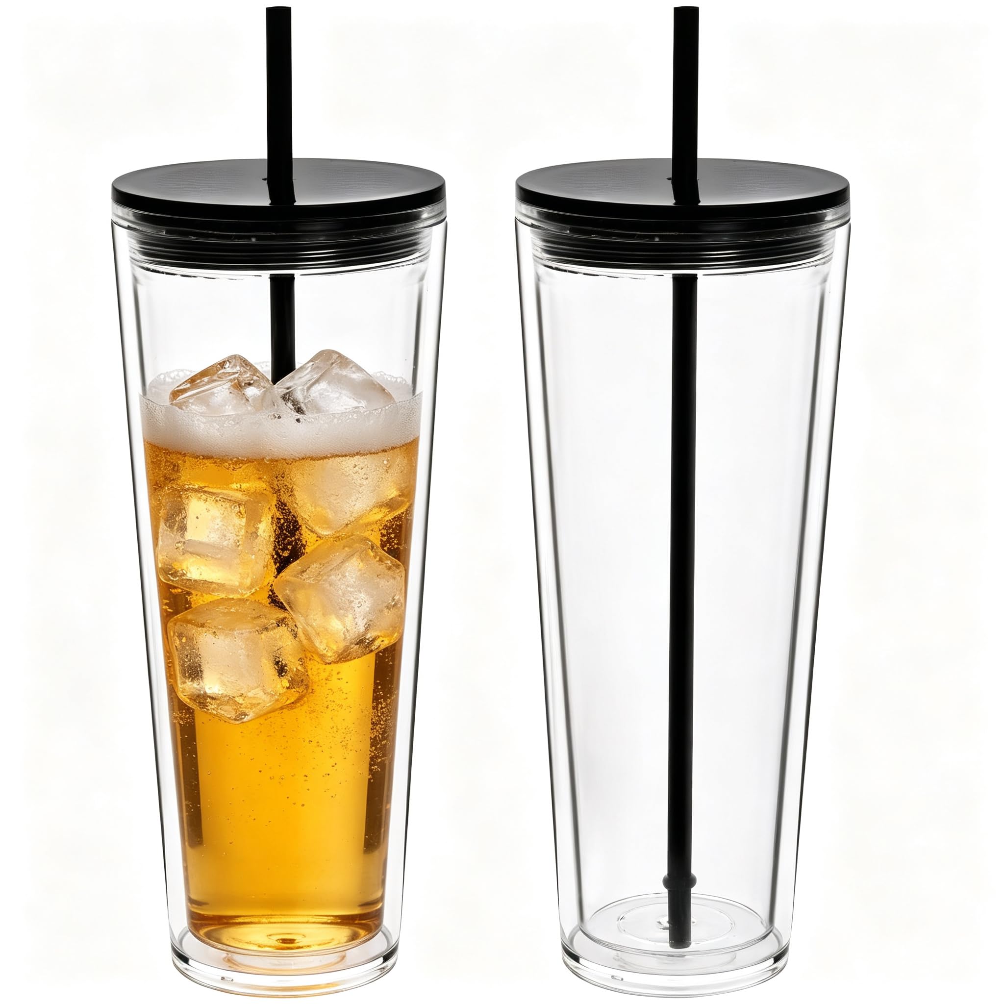 Yisituo 2 Pack 710ml Iced Coffee Cup, Plastic Tumbler with Straw and Lid, Reusable Double Wall Water and Cold Cups (2, Black)