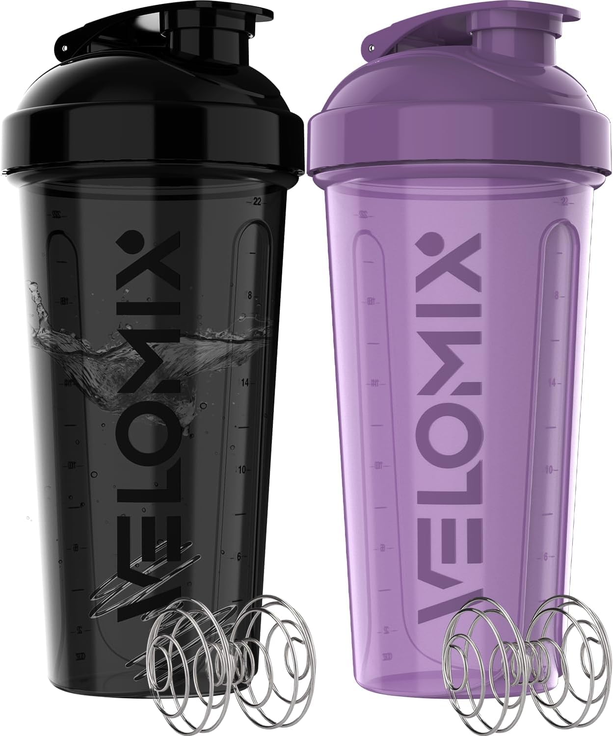 VELOMIX 2 Pack 28oz Protein Shaker Bottle for Protein Mixes (Purple/Black)