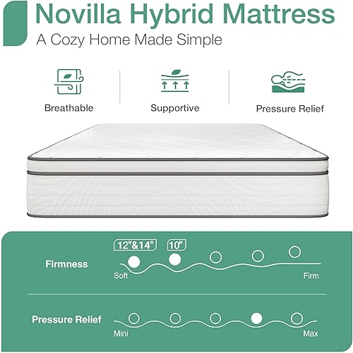 Miniatura 3 de Novilla Colchón híbrido King de 10 pulgadas tamaño King para alivio del dolor de espalda y apoyo, colchones tamaño King en una caja con espuma