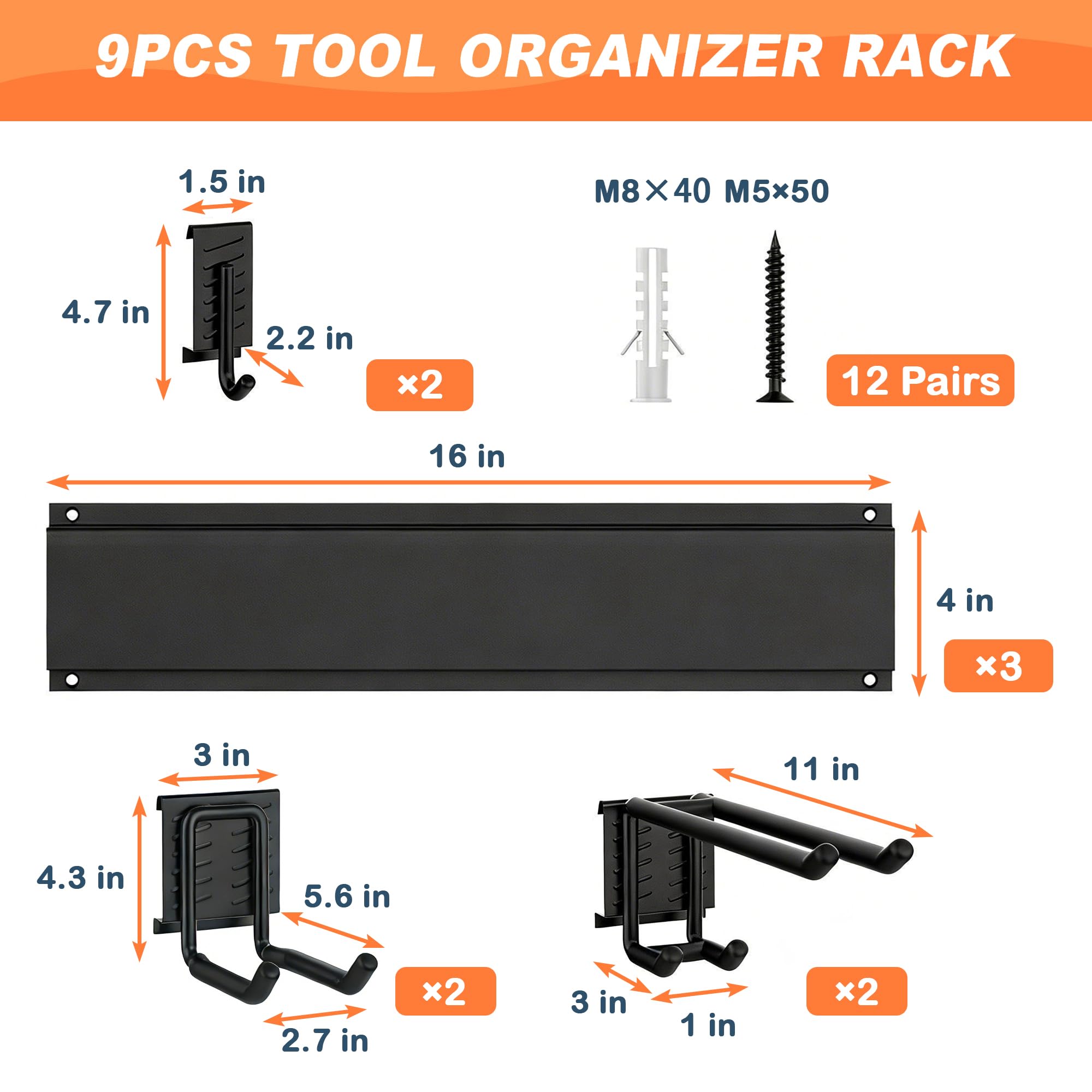 Ultrawall Organizer na narzędzia ogrodowe, 122 cm organizer na narzędzia garażowe, uchwyt ścienny, wytrzymałe stalowe uchwyty ścienne na narzędzia, nośność 180 kg