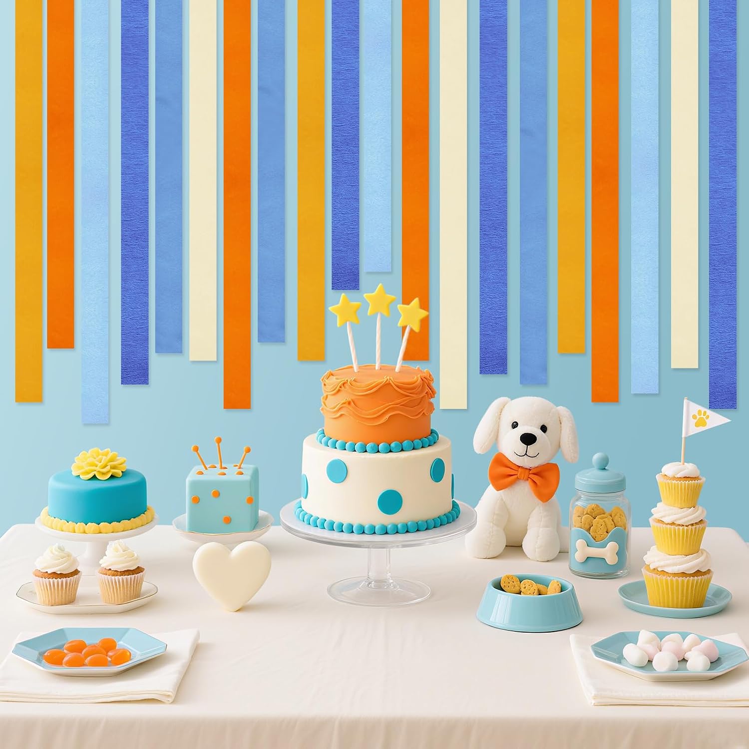 Blue Orange Birthday Party Decorations, 12 Rolls Orange Crepe Paper Streamers, Blue Dog Cartoon Anime Dragon Sign for Birthday Party Supplies