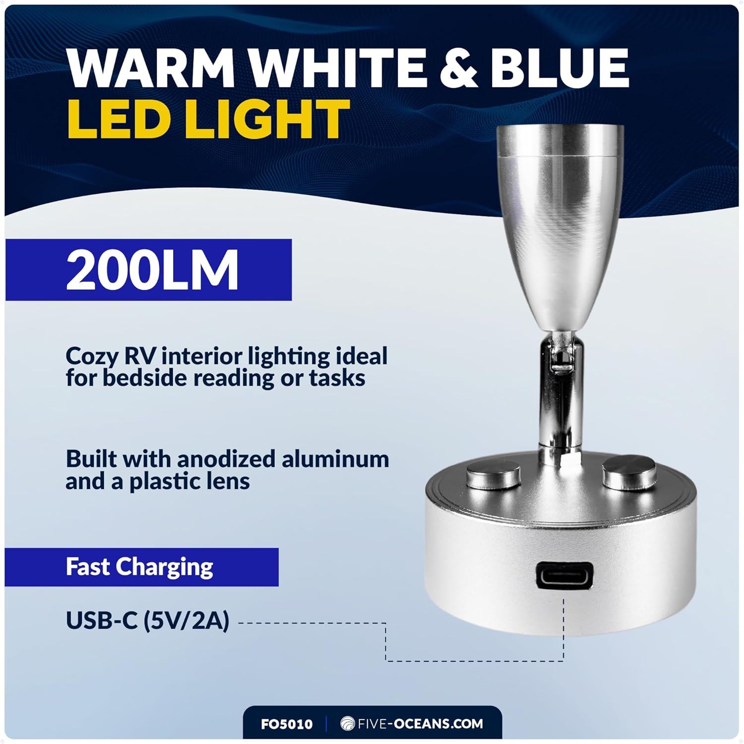 Five Oceans LED Reading Light with Touch Dimmer on Base/Housing/Swivel, USB-C, Dual-Color Warm White & Blue, Silver Housing, 200LM, 10-28V, RV Interior Lights, Boats - FO5010