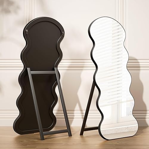 Miniatura 3 de AISUNDY Espejo de longitud completa de 62 x 22 pulgadas con soporte, espejo inclinado de pie, espejo montado para colgar, marco negro de aluminio,