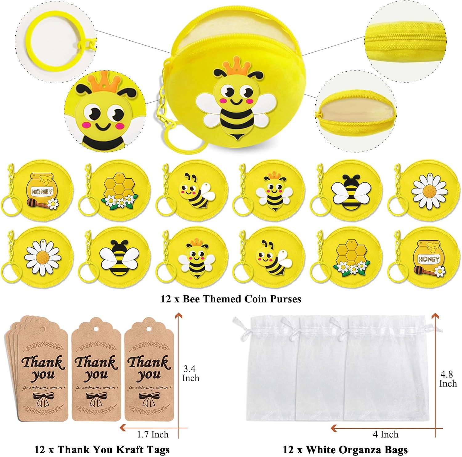 12 Pack BeeThemed Coin Purse with Zipper Keychain,Wallet Bag Party Favors for Birthday Party Decoration, Bee Themed Baby Shower,School Carnival Rewards,Travel,Classroom Prize