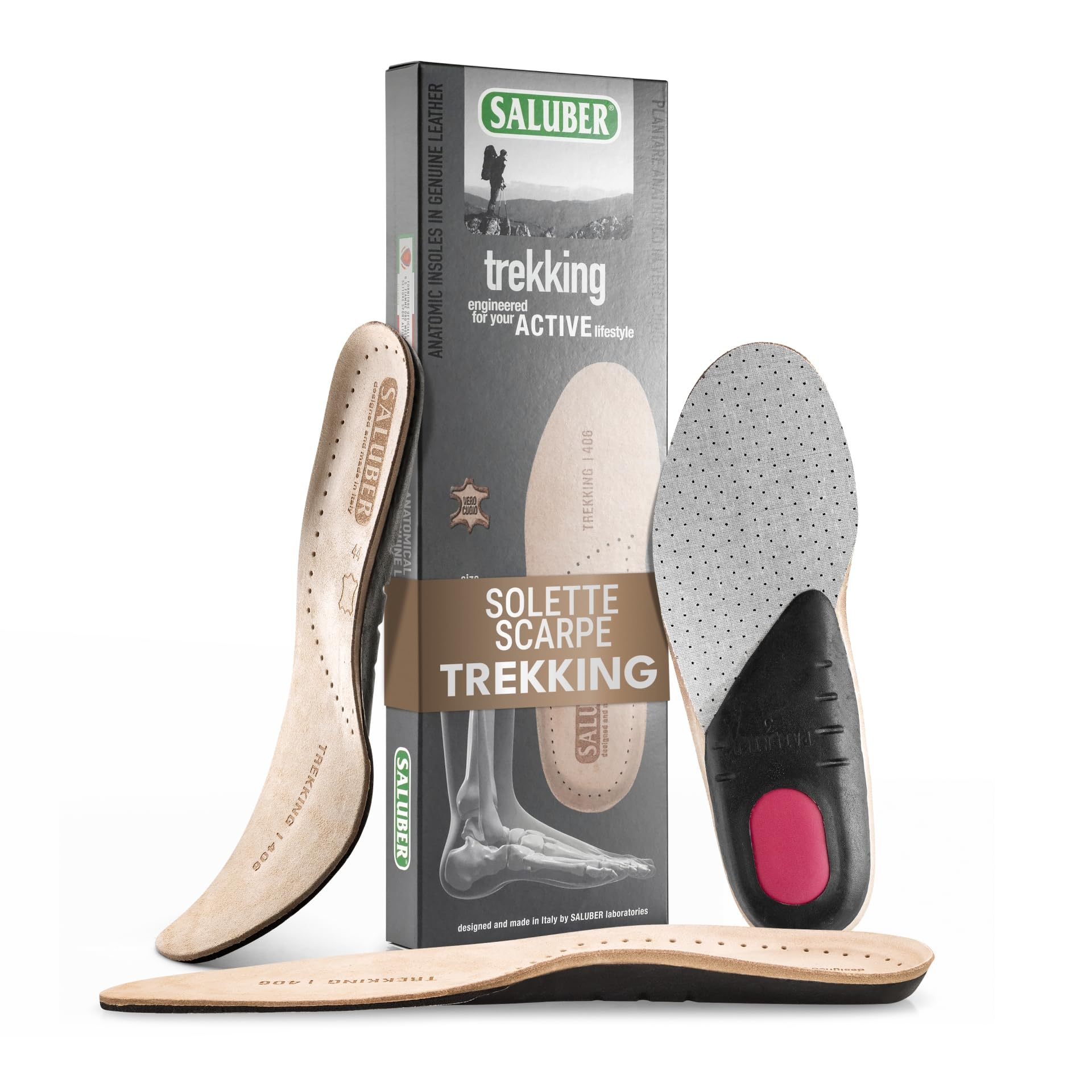 Saluber Solette Active 406, Solette Scarpe Premium: Poron+ per assorbimento degli urti, Carbone Attivo per freschezza, Vero Cuoio per comfort naturale (43)