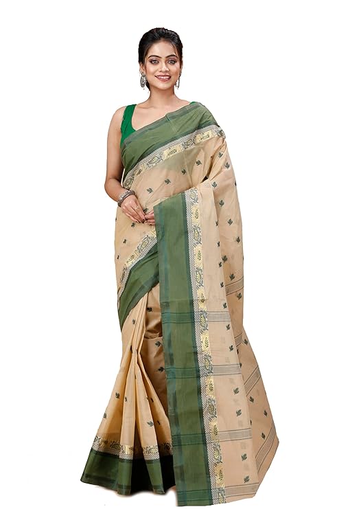 Women's Traditional Bengal Tant Pure Cotton Design Border & Butta Tant Saree Without Blouse Piece