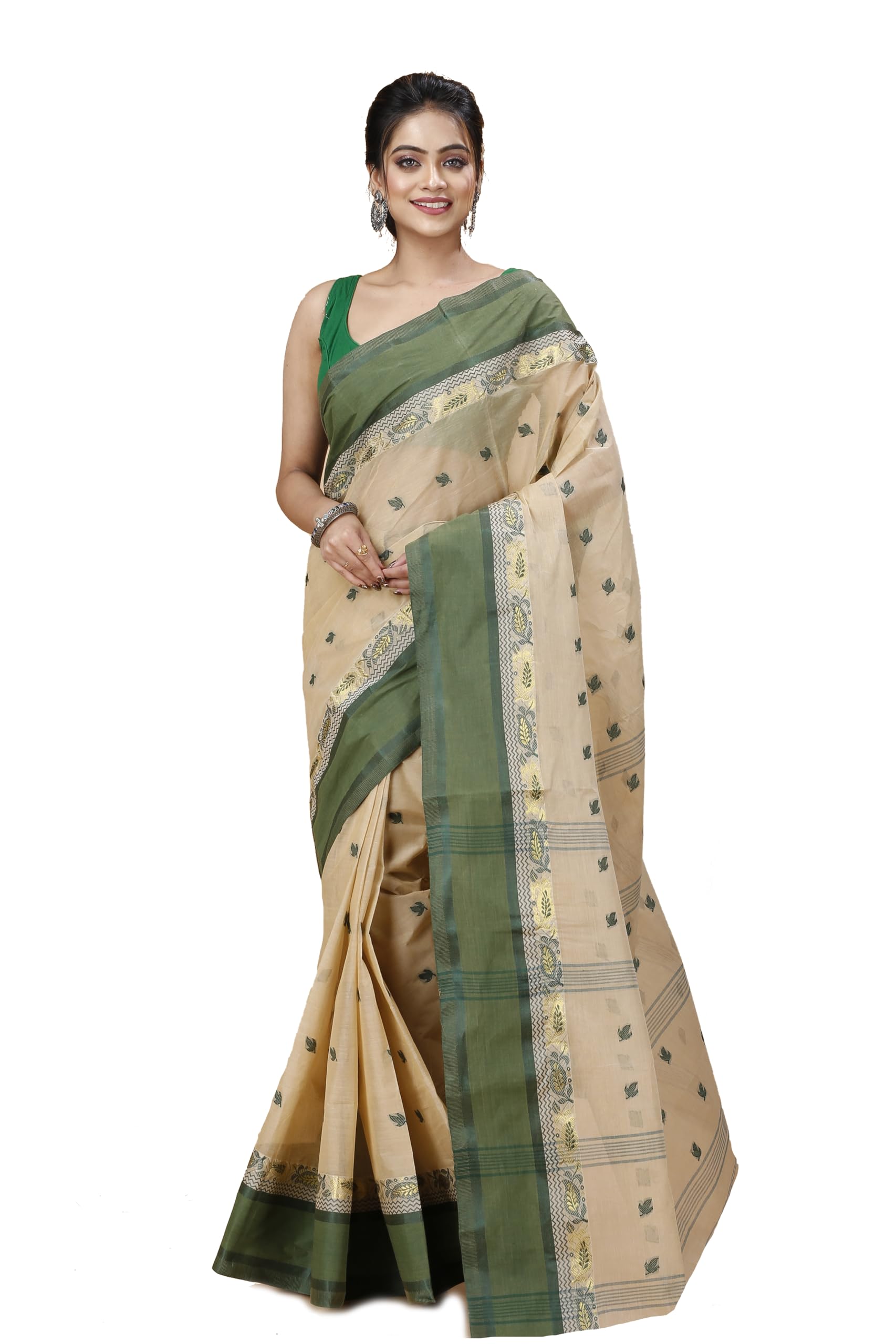 Women's Traditional Bengal Tant Pure Cotton Design Border & Butta Tant Saree Without Blouse Piece