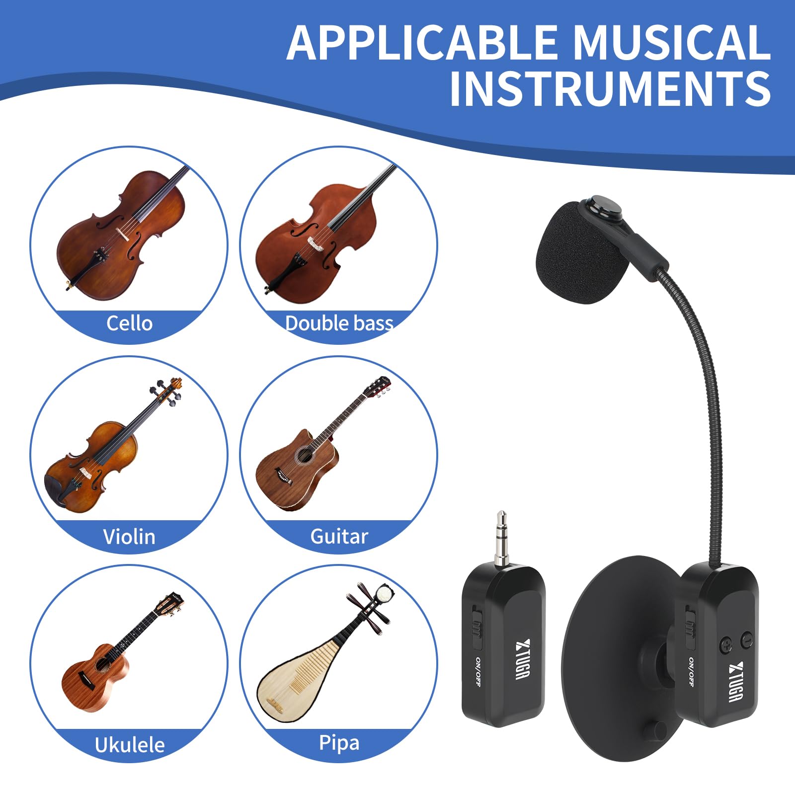 XTUGA Wireless Instrument Microphone with Suction Cup, Wireless Guitar Microphone System 2.4G Rechargeable, Violin, Cello - Image 3