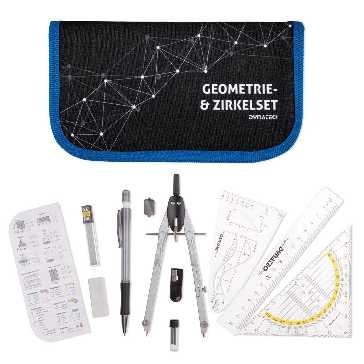 DynaTech Taschenrechner-Set Taschenrechner Casio FX-85 DE X mit Schutztasche Jeans hell kompatibel mit FX-85 DE X im Set mit Zirkelset, Displayschutzfolie und Garantie