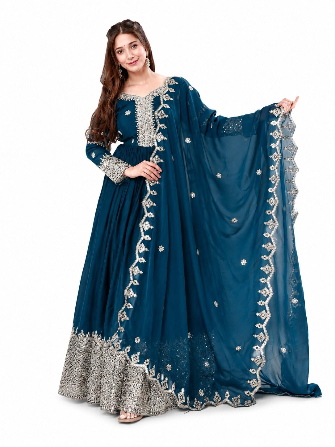 Women's Embroidered Anarkali Gown with Dupatta | Flared Floor Length Ethnic Dress for Women with Full Sleeves | Designer Women Gown Dupatta Set with Mirror Work-image-21