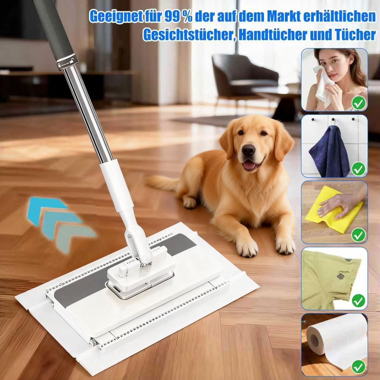 Mop z systemem zaciskowym | mini mop z automatyczną wymianą ściereczki | Zero-Touch i teleskopowy uchwyt | 12 ściereczek z mikrofibry, obsługa jedną ręką | do łazienki, kuchni, płytek
