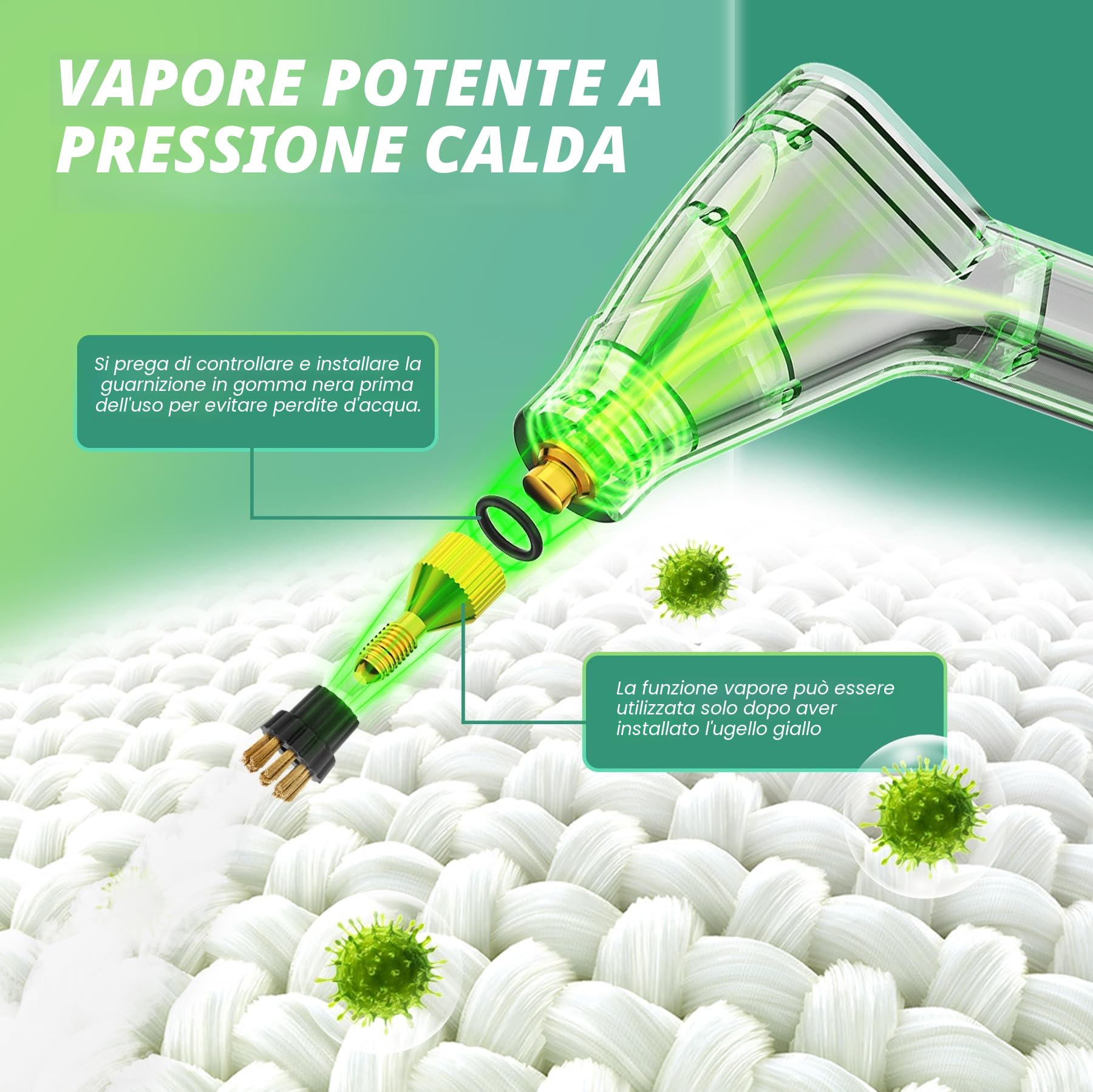 Pulitore a Vapore 2500W con Pulsante Touch Regolabile, Serbatoio Dell'acqua da 1200ml, 4 Accessori in 6 Velocità Regolabili, Pulitore a Vapore Portatile Riscaldamento Rapido da 15 Secondi per Cucina