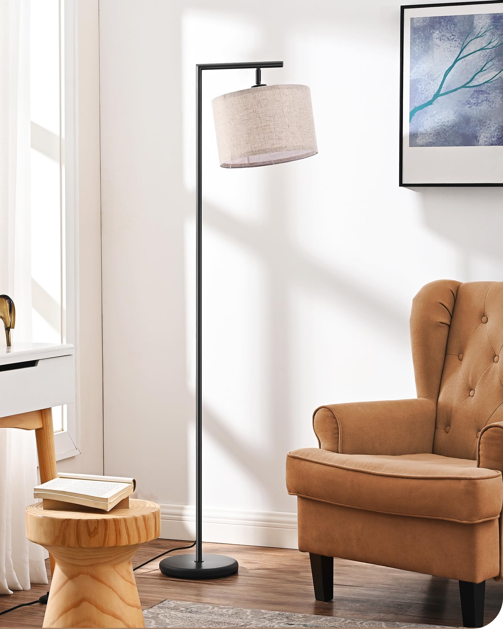 EDISHINE Stehlampe Wohnzimmer 160cm, Bogenlampe Modern mit Beigen Verstellem Leinen-Lampenschirm, LED E27 Glühbirne inklusive, Schwarz Leselampe Stehleuchte für Schlafzimmer, Kinderzimmer